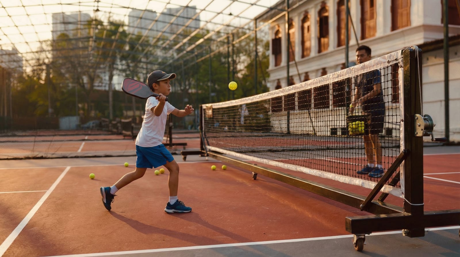 Young player hitting a pickleball as a coach looks on