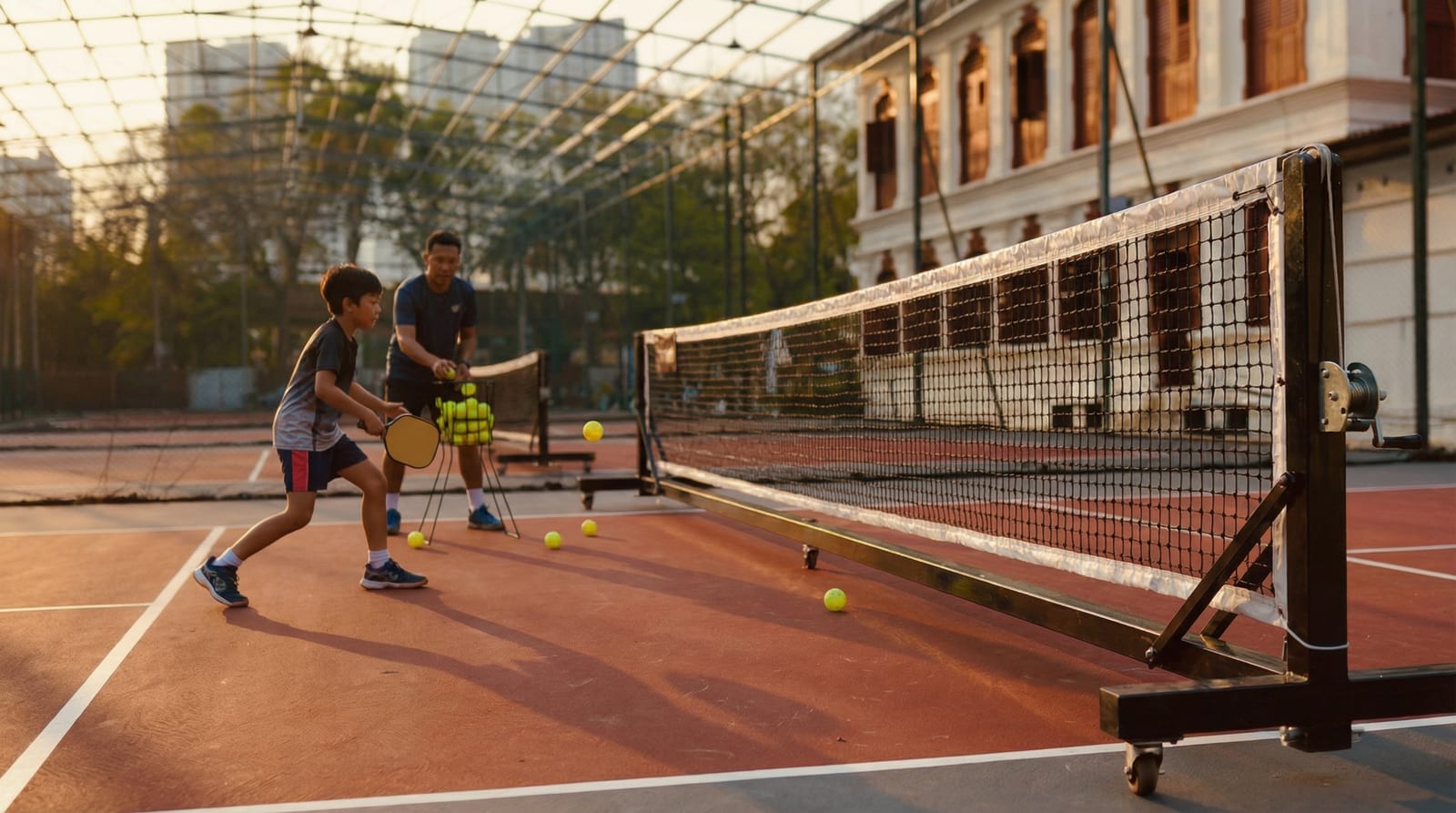 Coach guiding a child through a pickleball drill